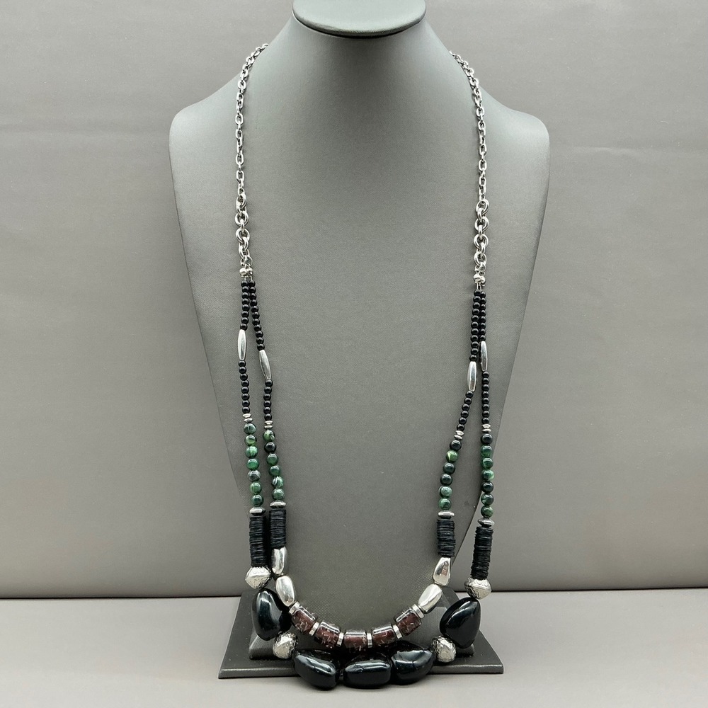 Chicos Beaded Layered Necklace Black Silver Tone Green Multi Strand Statement